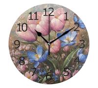 Horloge Murale Ronde Horloges Murales sans Tic-Tac Pendule Murale pour Chambre Maison Bureau 25cm Décoration De Tulipes Roses Et De Papillons Bleus