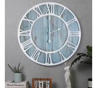 Horloge murale ronde moderne en bois pour le salon, bleu vintage, 60 cm, chiffres romains, silencieuse, sans tic-tac, horloge à suspendre pour la maison, le jardin, le bureau, le café et la décoration