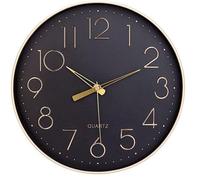 Horloge murale ronde noire de 30 cm, chiffres arabes discrets, décor doré
