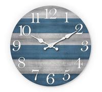 Horloge murale rustique, 40 cm, bleu-gris, aspect bois, à piles, décorative