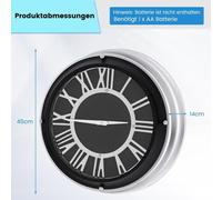 Horloge murale silencieuse Ø 45 cm avec cadre argenté & Cadran romain sans bruits de tic-tac - Ø 45 cm