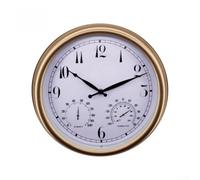 Horloge murale silencieuse de 38,1 cm, mécanisme silencieux sans tic-tac avec moniteur météo analogique, rond, grands chiffres, visibilité facile pour bureau, maison, cuisine, terrasse, finition