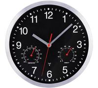 Horloge murale silencieuse sans tic-tac, radio-réveil noir avec affichage de la température et de l'humidité, 25 cm, à piles, grande horloge murale moderne et silencieuse pour la cuisine, la chambre à
