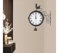 Horloge murale vintage « Coq » - 20 cm - Double face - Silencieuse, sans tic-tac - Horloge analogique à chiffres romains - Métal et verre - Fonctionne avec 2 piles AA - Noir