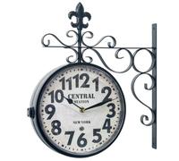 Horloge murale vintage double face en métal de 40,6 cm avec motif fleur de lis, horloge murale d'angle silencieuse sans tic-tac pour jardin, terrasse, cour, intérieur, ferme, décoration d'intérieur