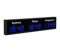 Horloge numérique à fuseaux horaires multiples Blue-3City | Luminosité réglable,télécommande,choix de couleurs LED (rouge, vert ou bleu),pour les réceptions d'hôtels et les bureaux