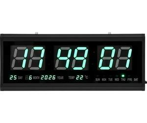 Horloge numérique à LED - Horloge murale - 48 × 19 cm - Silencieuse - Atténuation automatique - Heure/date/température - Alimentation secteur 220 V - Design triangulaire - Vert