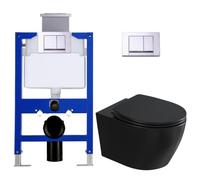 HOROW WC suspendu noir avec chasse d'eau encastrée de 02 l | Ensemble de WC mural complet avec plaque de poussée, WC mural économe en eau, réservoir de chasse d'eau de 82 cm de haut