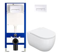HOROW WC suspendu sans bord avec chasse d'eau encastrée 01H | Ensemble de WC mural complet avec plaque à pression, économe en eau, chasse d'eau de 114 cm de haut, pour petite salle de