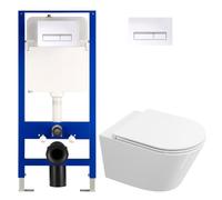 HOROW WC suspendu sans rebord avec chasse d'eau encastrée 01H | Ensemble de WC mural complet avec plaque de poussée, WC mural économe en eau, réservoir de chasse d'eau de 114 cm de haut
