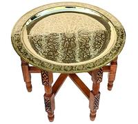 Horus Artesanía de Egipto Table marocaine orientale auxiliaire, plateau en laiton 60 cm plus pieds pliables en bois de cèdre 50 cm
