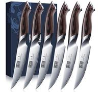 HOSHANHO Couteaux à Steak 6 Pièces, Ultra Tranchants Ensemble de Couteaux à Steak Dentelés 11,5 cm, Couverts à Steak de Cuisine Japonais en Acier à Haute Teneur en Carbone avec Poignée Ergonomi