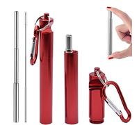 Hoshen Lot de 2 pailles télescopiques réutilisables en acier inoxydable, 3 segments avec fonction tire-bouchon, brosse et mousqueton (boîtier en alliage d'aluminium épaissi) - Rouge