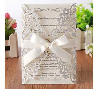 Hosmsua 20x Argent Laser Cut Cartes d'invitation de mariage Flora Avec Ruban Dentelle Fleurs Fiançailles Anniversaire Bridal Shower Bébé Douche Graduation wedding Invitation and enveloppes (Sliver)