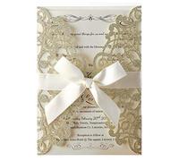 Hosmsua 20x Cartes d'invitation de mariage avec invitation bowknot de ruban découpé au laser pour l'obtention de la douche nuptiale anniversaire de graduation, Paillettes Champagne d'or
