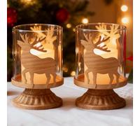 HOSPAOP Lot de 2 photophores en forme de cerf pour Noël - Porte-bougies vintage avec photophore en verre pour décoration de Noël, décoration d'hiver et décoration de table pour salon, rennes