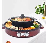 Hot Pot Barbecue 2 en 1 2200W Électrique Pot à Fondue et Raclette Grille Multifonctionnel Barbecue Facile à Nettoyer pour la Maison, Pot à Hotpot et Grille (rouge)