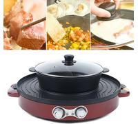 Hot Pot électrique 2 EN 1 portable multifonctions Poêle à griller Ronde Gril sans fumée 2200W (Rouge)