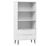 Hothingwell Bibliothèque E Blanc 85x35x170,5 cm Bois Massif de Pin | 3 compartiments, 2 tiroirs, vernis UV, fixation murale incluse, manuel de montage, style scandinave