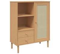 Hothingwell Buffet Senja Aspect Rotin Marron 90x40x112cm Bois Massif De Pin | 2 tiroirs, 5 compartiments, vernis UV, résine tressée main, fixation murale fournie, style bohème