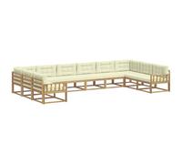 Hothingwell Ensemble de Canapés d'Extérieur 10 pc Acacia Blanc et Crème | Look moderne à lattes, accoudoirs en bois, coin détente pour jardin, patio, bord de piscine