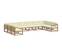 Hothingwell Ensemble de Canapés d'Extérieur 10 pc Acacia Naturel et Crème | Acacia massif, cadre à lattes, accoudoirs en bois, design moderne minimaliste, jardin patio bord de piscine