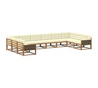 Hothingwell Ensemble de Canapés d'Extérieur 10 pc Naturel et Crème | Acacia massif, cadre à lattes, accoudoirs en bois, design moderne, jardin, patio, bord de piscine