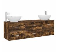 Hothingwell Sada koupelnového nábytku 3 KS Kouřový Dub 49,5 x 44,5 x 65 cm | Inženýrské dřevo, 2 nástěnné vanity, skříňka se zásuvkou, umyvadlo a baterie součástí