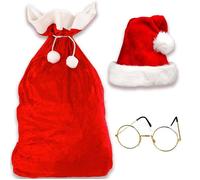 Hotte Père Noël + Bonnet et Lunettes de Père Noël - Grand Sac Cadeau de Noel Rouge en Velour Sacs Cadeaux