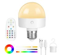 HOTUT E26/E27 Ampoule Telecommande Sans Fil, 12 Couleurs Ampoule Rechargeable Type-C, E26/E27 Ampoule avec Télécommande et Fonction Tactile, Ampoule à Intensité Variable pour Chambre, Cuisine, Plafond
