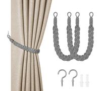 HOTUT Lot de 2 Embrasses de Rideaux avec Corde, Attache Rideau Corde Gris, Embrasse Rideau Tricotée avec Crochets Adhésifs en Métal, Décoration Intérieure et Extérieure pour Maison