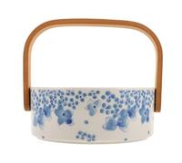 HOUDERCO Corbeille à Fruits en Céramique et Bois pour Comptoir Cuisine, Panier Décoratif Rond avec Poignée, Grand Rangement Facile à Entretenir pour Salon Cuisine