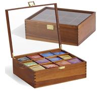 HouseJoy Organiseur de sachets de thé, boîte de rangement en bois d'acacia, 12 compartiments avec fenêtre en verre transparent, support de sachets de thé pour comptoir, armoire de cuisine