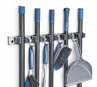 Housekeeper Porte-balai mural argenté avec 5 supports + 4 crochets réglables, support de balai en acier argenté avec 2 vis d'installation ou auto-adhésif robuste pour organiser l'espace