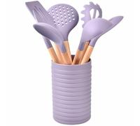 Housoutil Ensemble D'ustensiles Cuisine en Silicone et Bois 8 Pièces Pot de Rangement Cuisine, Facile à Nettoyer et Gain de Place, Fourchette à Viande Incluse