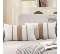 Housse Coussin 30x50 Kaki Blanc Boho Taies d'oreiller Coton et Lin Macramé Bohème Texturée à Rayures Tissées Décoratif Housse de Coussin pour Salon Jardin Chambre Lit Maison Décoration Lot de 2