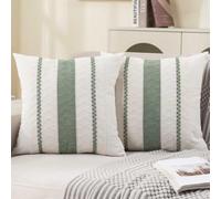 Housse Coussin 40x40 Vert Sauge Blanc Boho Taies d'oreiller Coton et Lin Macramé Bohème Texturée à Rayures Tissées Décoratif Housse de Coussin pour Salon Jardin Chambre Lit Maison Décoration Lot de 2
