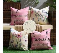 Housse Coussin 45x45 Extérieur Imperméable Lin Taie d'oreiller Canapé Coloré Fleurs Oiseaux Motif Moderne Décoratif Printemps Été pour Patio Jardin Salon Voiture Canapé Maison Décor Lot de 4, Rose