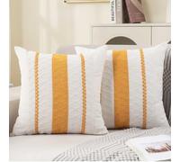 Housse Coussin 45x45 Jaune Blanc Boho Taies d'oreiller Coton et Lin Macramé Bohème Texturée à Rayures Tissées Décoratif Housse de Coussin pour Salon Jardin Chambre Lit Maison Décoration Lot de 2