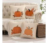 Housse Coussin 50x50 cm Simple, Lot de 4 Décoratif Taie d'oreiller en Peluche Courte, Housse de Coussin Exterieur Impermeable pour Salon de Jardin Chambre Canapé Chaise Lit Citrouille L-G434