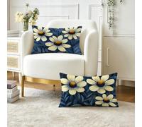 Housse Coussin 50x70 cm Lot de 2 Blanc Coussin Exterieur Impermeable Lin Coussins Canape Decoratif Taie d'oreiller, Fleur Canapé Rectangulaire Protege Oreiller, pour Jardin Decoration Maison O-214