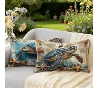 Housse Coussin 50x70 Lot de 2 Animal Coussin Exterieur Impermeable Velours Taie Oreiller, Taie d'oreiller Décoratives à Motif Tortue de mer, avec Fermeture Éclair Invisible, pour Decoration Maison W-1