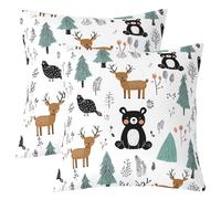 Housse Coussin Lot de 2 Animaux de Dessins Animés Enfants Naturel Housse de Coussin 60x60 Animaux de Forêt Taie Oreiller Filles Garçons Mignon Ours Cerf Imprimé Taie d'oreiller Ferme Bois Décor