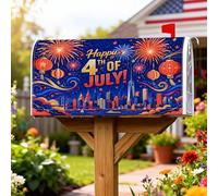 Housse de boîte aux lettres magnétique pour décoration de jardin et cour - Feux d'artifice - Lanternes festives - Horizon urbain - Bleu - 45,7 x 53,3 cm
