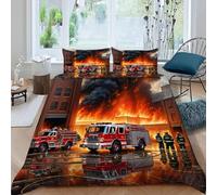 Housse de Couette 1 Personne 90x190 Camions de Pompiers Parure de Lit Microfibre Ensemble de Literie 3D Pompier Housse Couette et 2 Taies d'oreiller 65x65 pour Enfants k.1823
