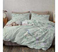 Housse de Couette 1 Personnes 240x260cm Adulte Parure de Lit Vert sauge en Microfibre avec 1 Taies d'oreiller 65x65 avec Fermeture floral et d'oiseaux chinois Oiseaux, papillons, branches et feuilles
