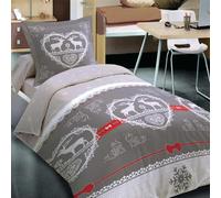 Housse de Couette 1 Place Chalet Winter Gris 140x200 cm + 1 taie - 100% Coton 57 Fils, Ambiance Montagne, Finition Rabat