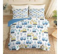 Housse de Couette 140 x 200 cm Bleu Cartoon Pelleteuse Parure de Lit | Engin Chantier Camion Toupie Cône De Signalisation Housses de Couette Ensembles avec 2 Taies d'oreiller & Fermetures éclair