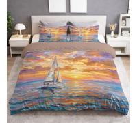 Housse de Couette 140 x 200 cm Enfant Romantique Océan - Microfibre Douce Parure de Lit Voilier Coucher de Soleil Océan Nuage Or Côte Réversible, pour Ado avec Fermeture Éclair 1 Taie d'oreiller 65x65