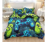 Housse De Couette 140 x 200 cm, Imprimé Parure De Lit 2 Personnes Bleu Vert, Sets De Housse Couette en Microfibre avec Taies d'oreiller Fermeture Éclair Graffiti Peinture À l'huile Manette De Jeu